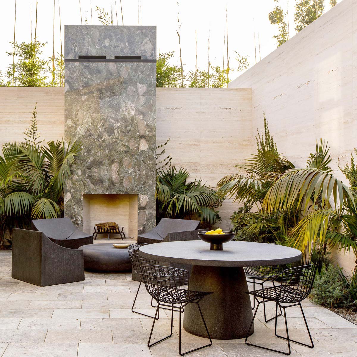 60in Hive Dining Table With 48in Pebble Table & Lucio Lounge Chairs In Coal Stone