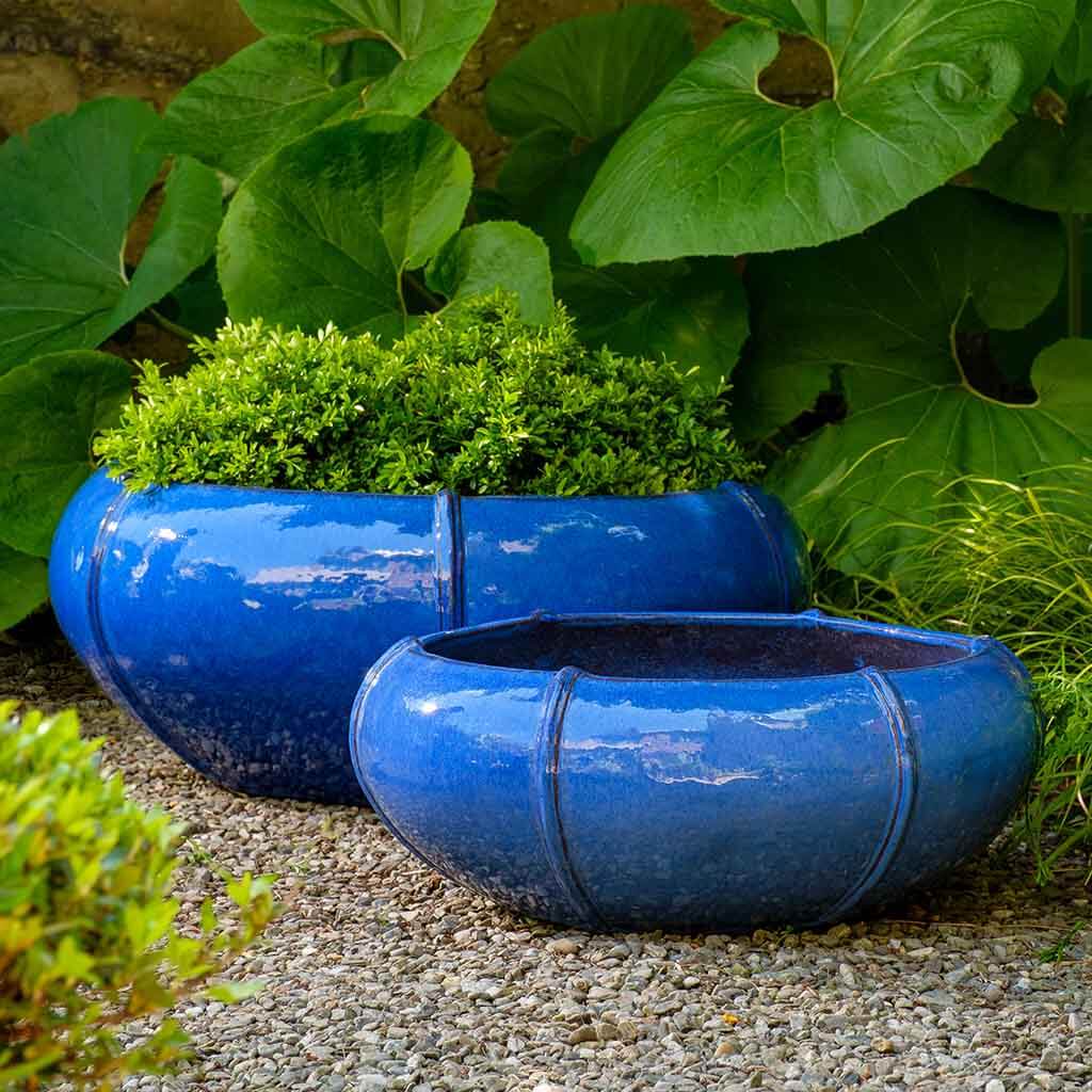 Rib Vault Planters, Low (terracotta In Riviera Blue Glaze)