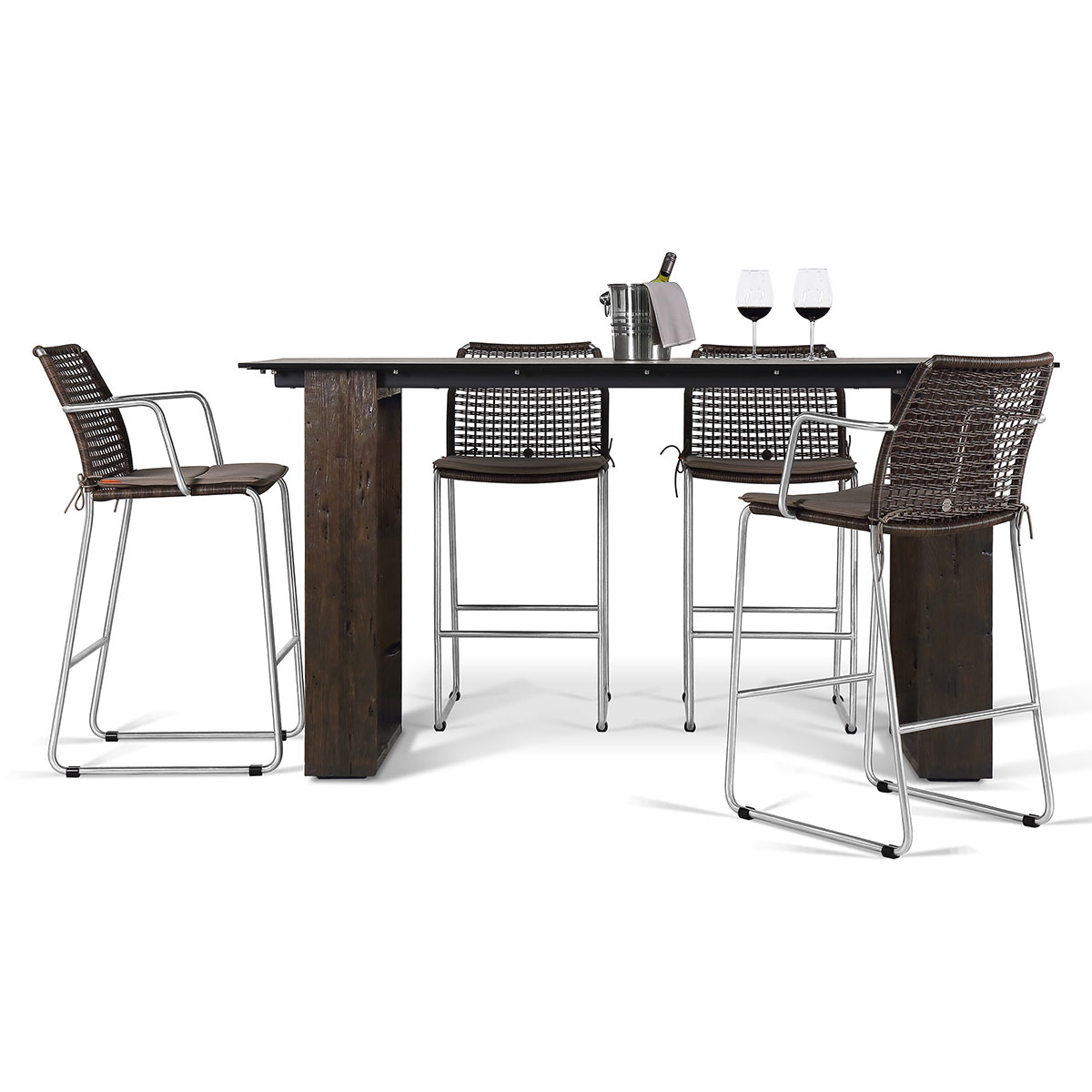 Manda Bar Armchair With Aiko Bar Table Stainless Steel (hairline Finish), Synthetic Wicker (pepper), Optional Cushion (taupe)