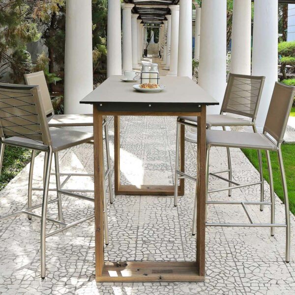 Aiko Bar Table 79" X 27 5" Drift Look Teak Legs (natural), High Pressure Laminate Top (sandstone)