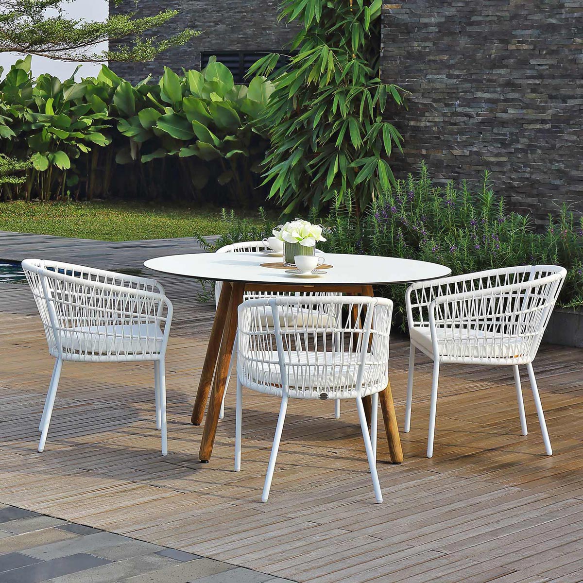 Bono Dining Chairs Powder Coated Aluminum (white), Olefin Cushion (white) And Bono Dining Table Recycled Teak, High Pressure Laminate (hpl) In White