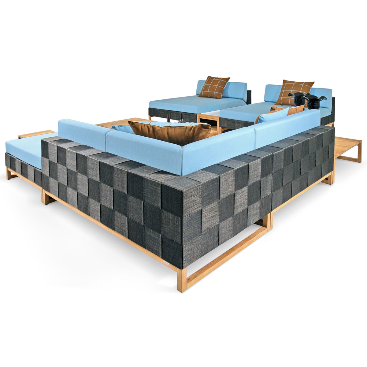 Ekka Ottoman With Ekka Sectional Plantation Teak (smooth Sanded), Batyline Or Textilene Mesh, Sunbrella Canvas (mineral Blue)