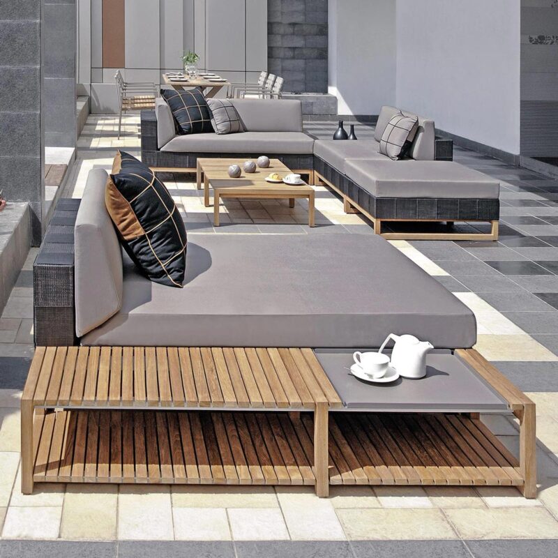 Ekka Sectionals With Ekka Long Table Plantation Teak (smooth Sanded), Batyline Or Textilene Mesh, Sunbrella Canvas (taupe)