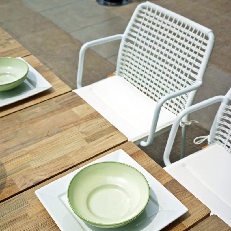 Manda Chair Woven Powder Coated Aluminum (white), Optional Padded Cushion (white) With With Manda Dining Table Recycled Teak (brushed Laminated)