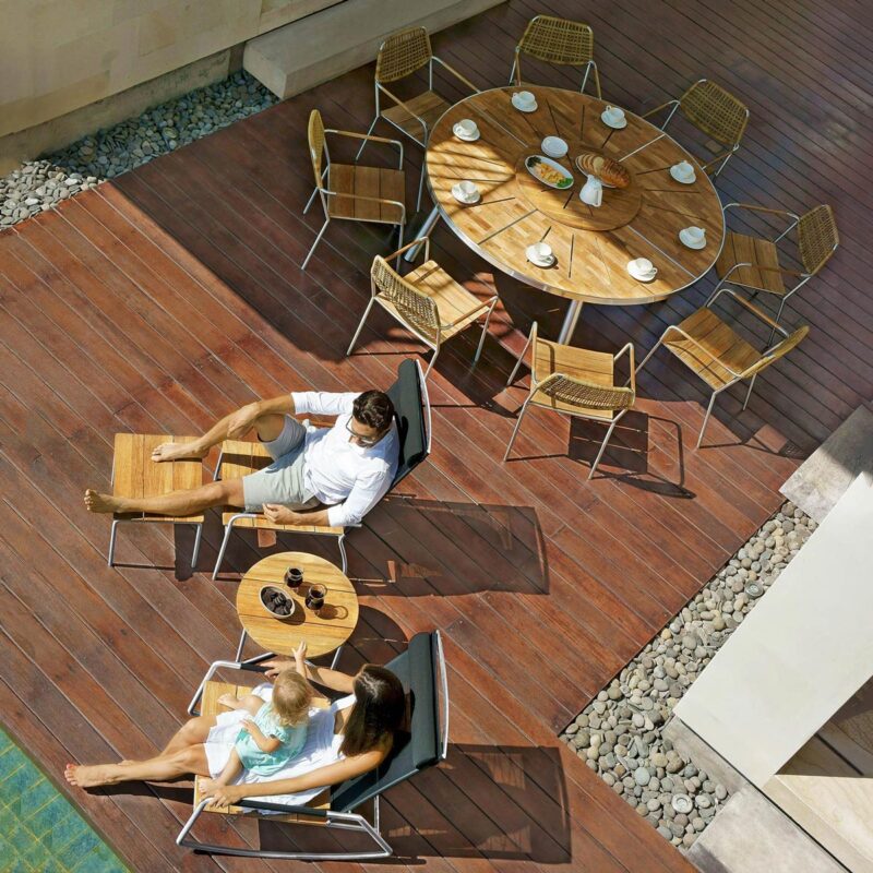 Meika Rocking Chair With Meika High Back Chair & Footstool, Low Table, Teak Dining Table And Wicker Dining Chairs