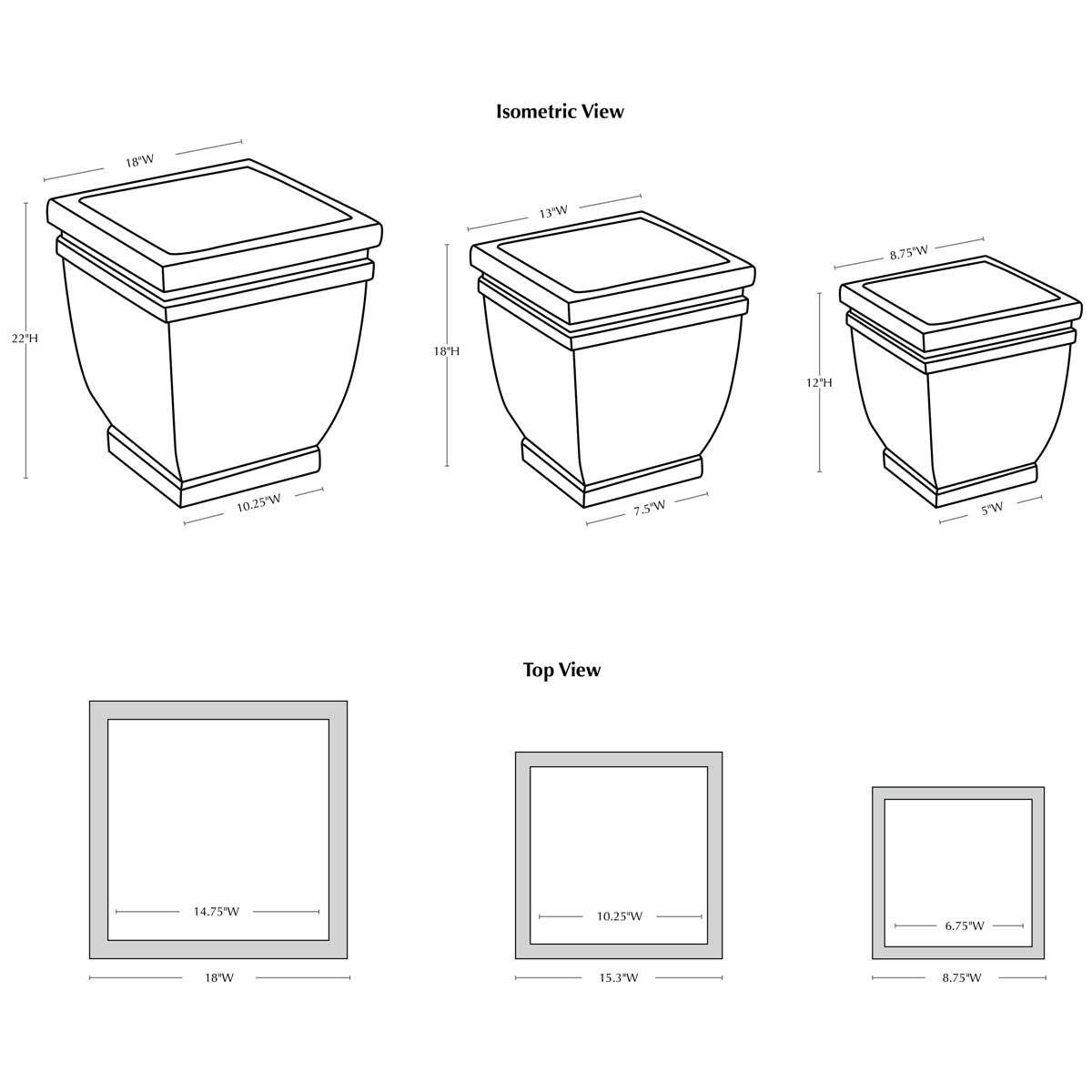 Square Rolled Rim Planters Specifications