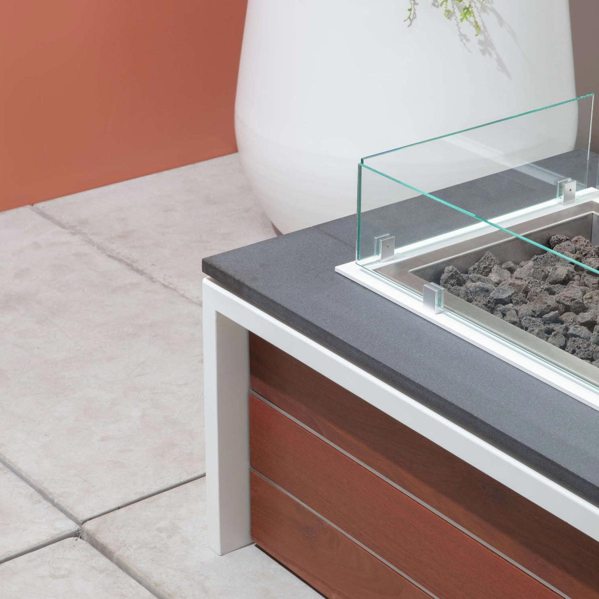 Panel Fire Pit Teak/brass Granite Top Linen White Aluminum