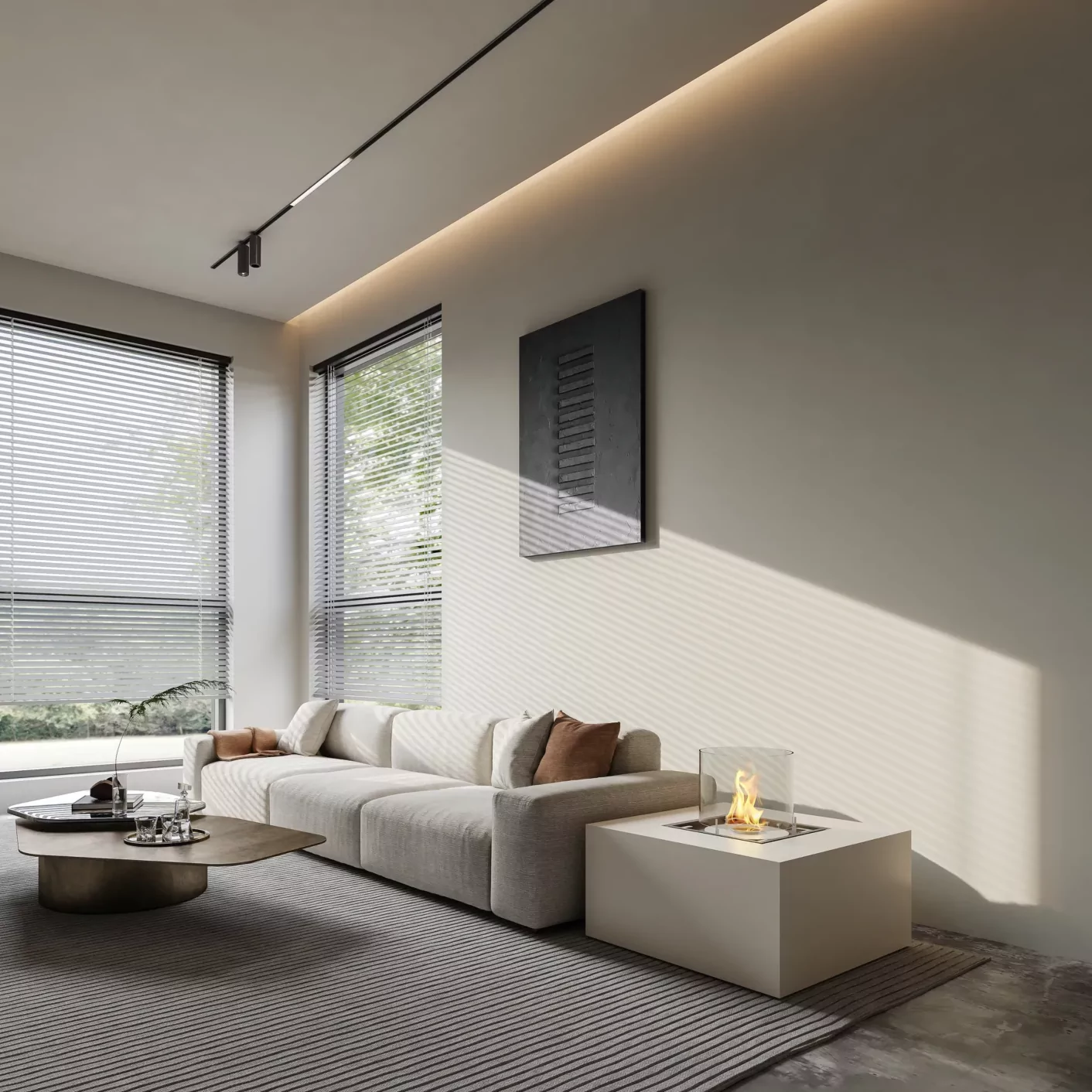 Modern living room with bone finish fire pit table