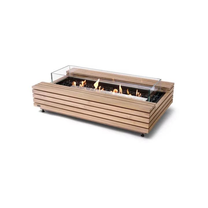 Rectangular fire table with warm wood-slat exterior