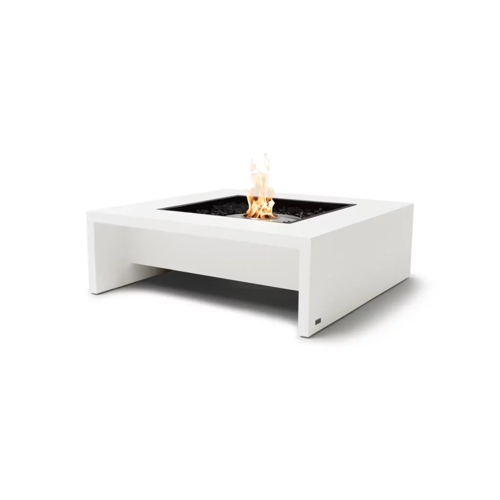 Rectangular fire pit table in a bone finish on a white background.