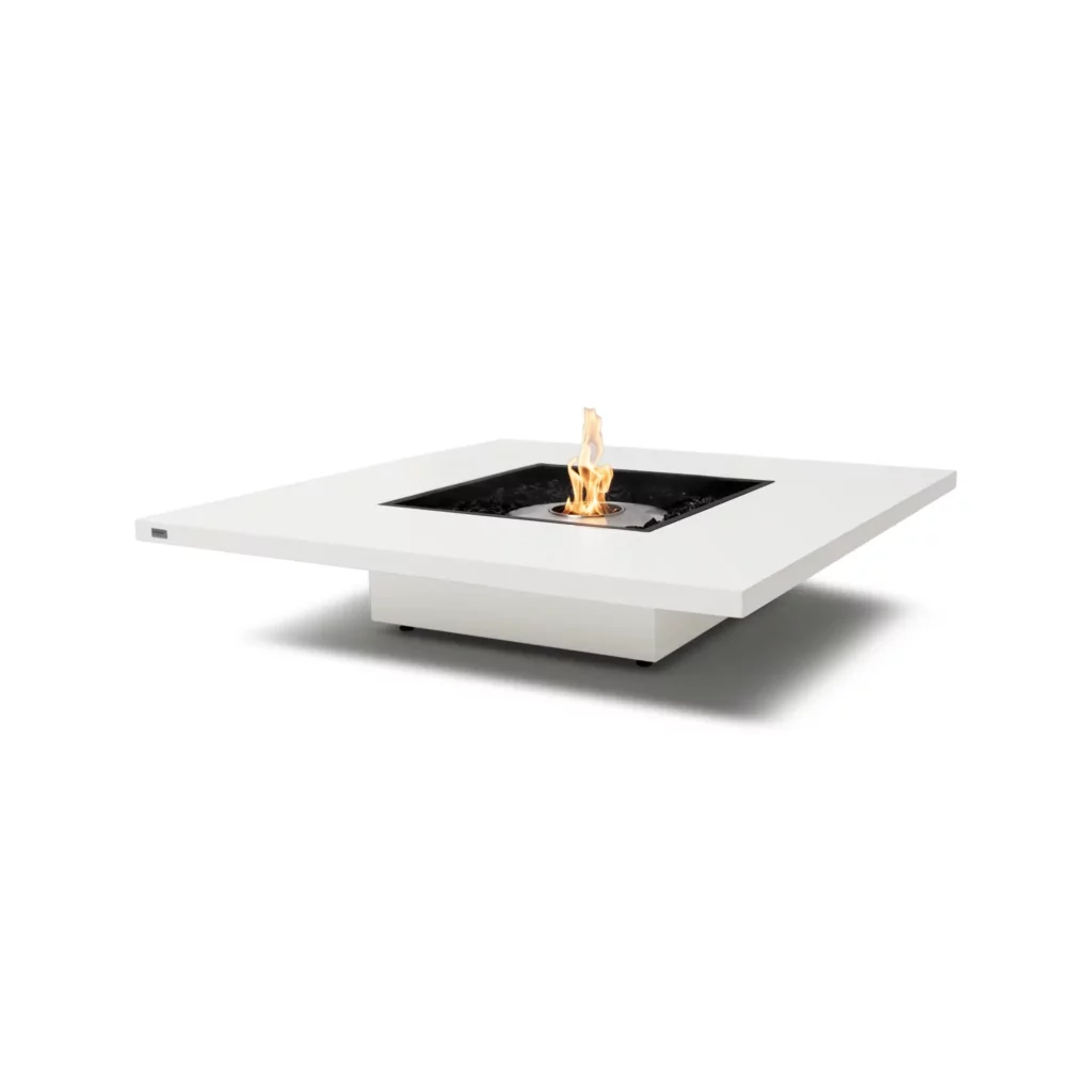 Square Vertigo 50 fire table in Bone finish with smooth edges and a centered flame.