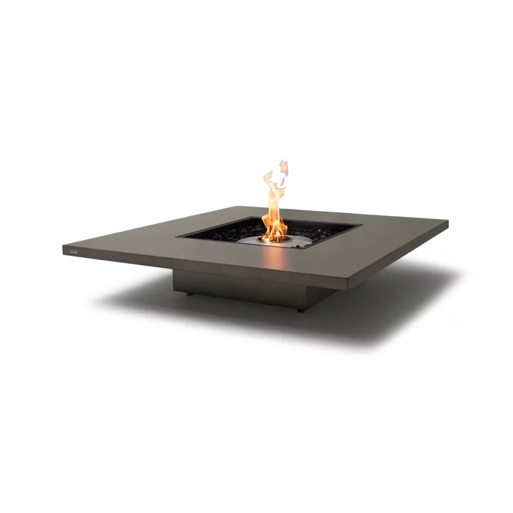 Square concrete centerpiece with a central flame and refined geometric design.