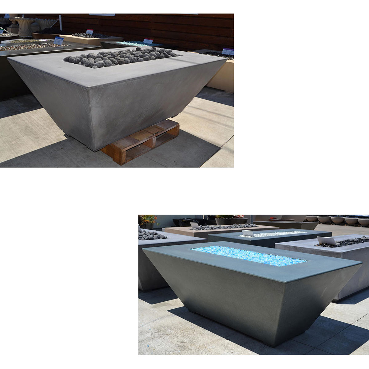 Ledge Rectangle: Raw Late Grey/tumbled Lava Rock & English Lead/baja Blend Fire Glass ledge rectangle fire table gfrc usa modern
