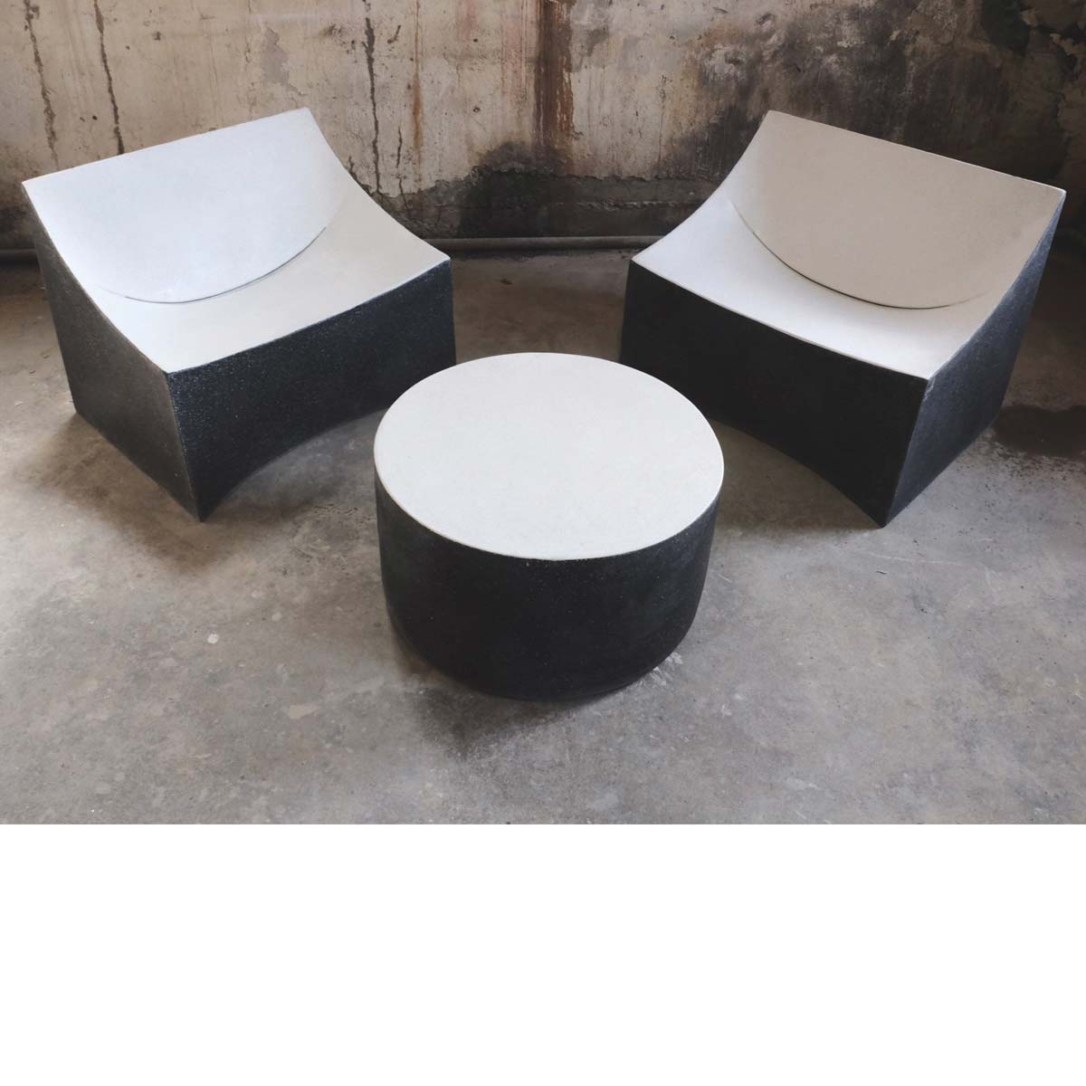 Lucio Lounge Chairs With Millstone Table (fiberglass Resin And Aggregate In Aged Stone Finish)