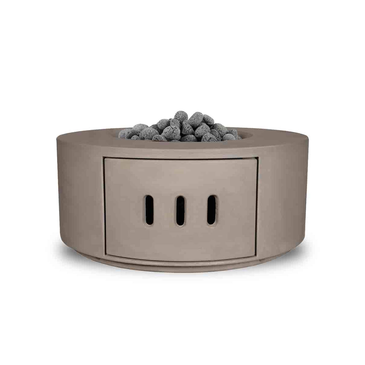 Manhattan Cylinder Fire Table Lp Door (gfrc In Rain Cloud Natural Concrete Finish With Large Tumbled Lava Rock)