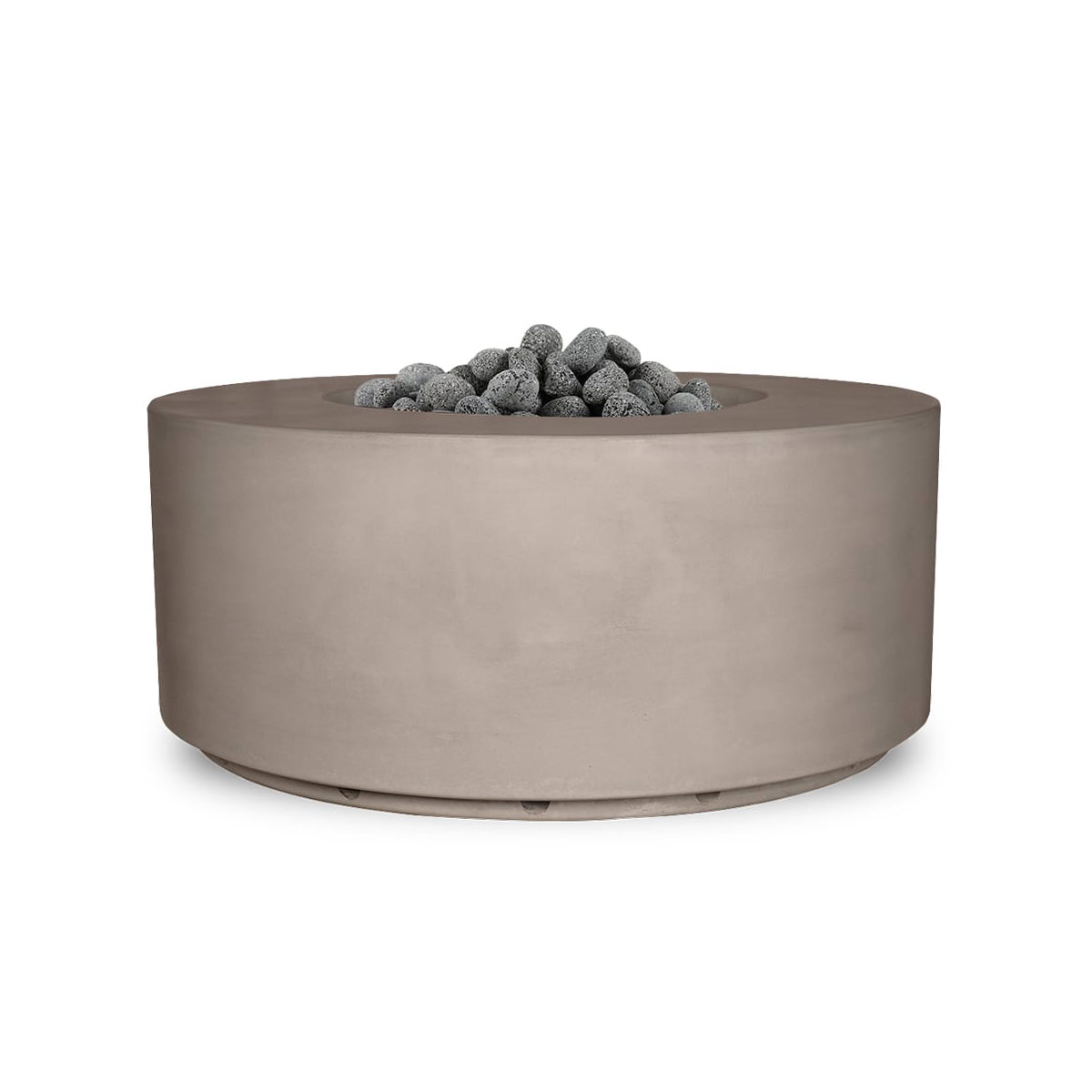 Manhattan Cylinder Fire Table (gfrc In Rain Cloud Natural Concrete Finish With Large Tumbled Lava Rock)