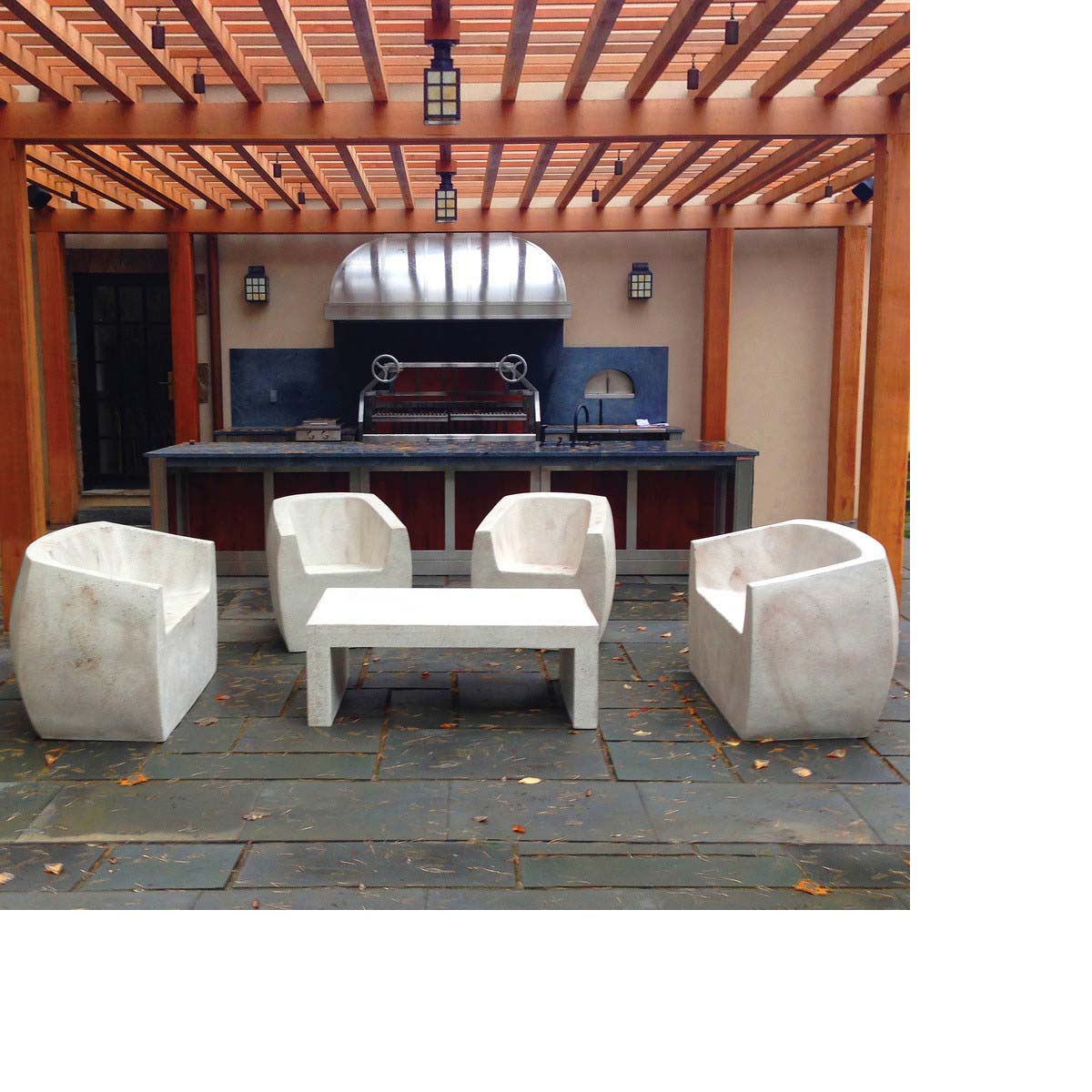 Van Dyke Chairs With Lynne Tell Coffee Table (fiberglass Resin And Aggregate In White Stone)