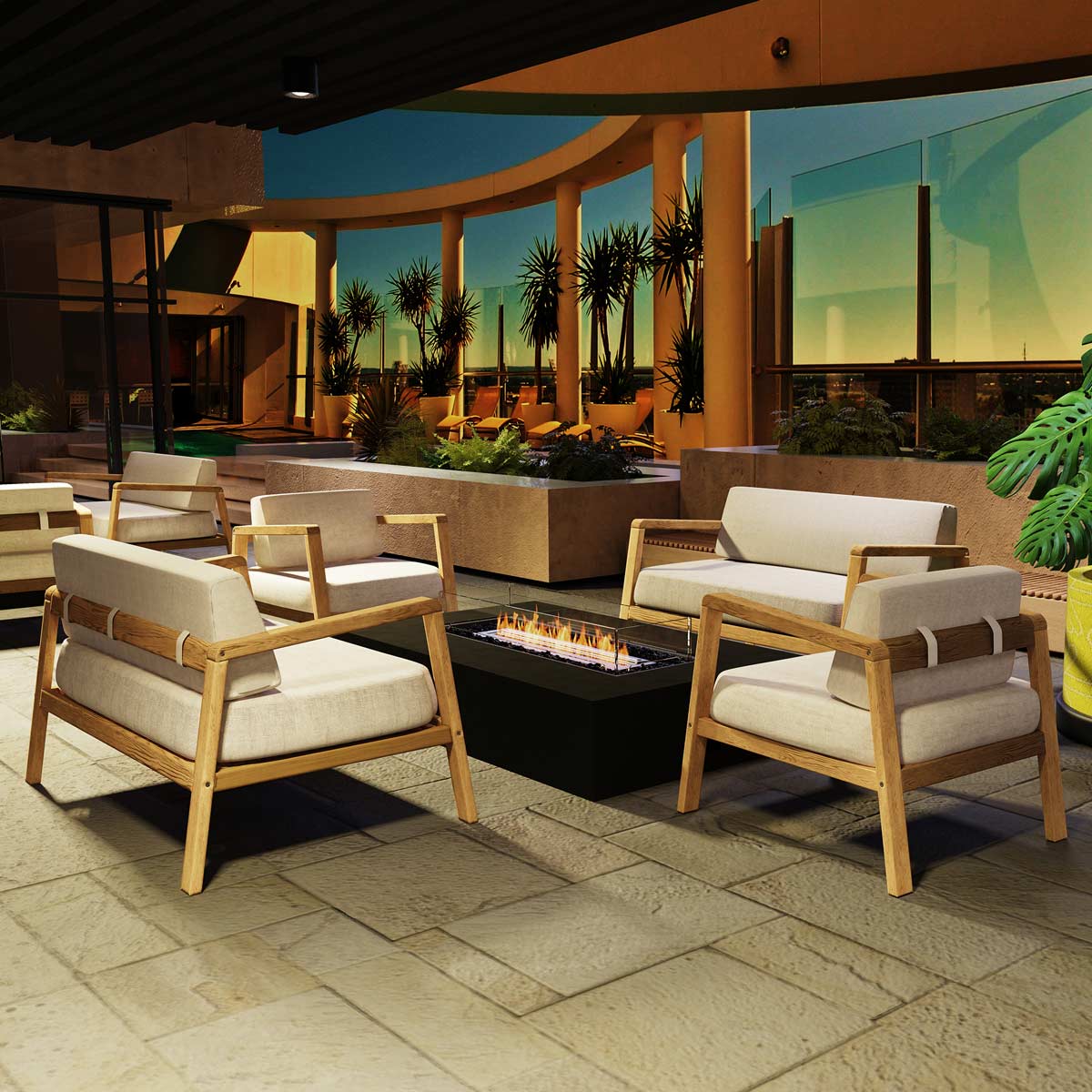 Modern outdoor seating area with warm lighting and neutral décor